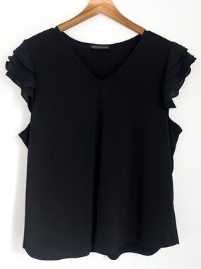 Adrianna Papell Black V Neck Flutter Ruffle Sleeve Blouse XL